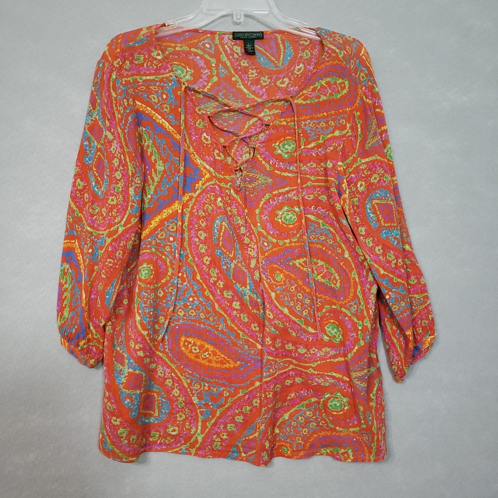 Ralph Lauren Women's L Peasant Top Orange Paisley Lace Up Cotton 3/4 Sleeve